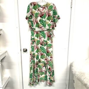 Elaine Rose tropical flowy maxi dress Large orchid flutter sleeve Hi Low hem